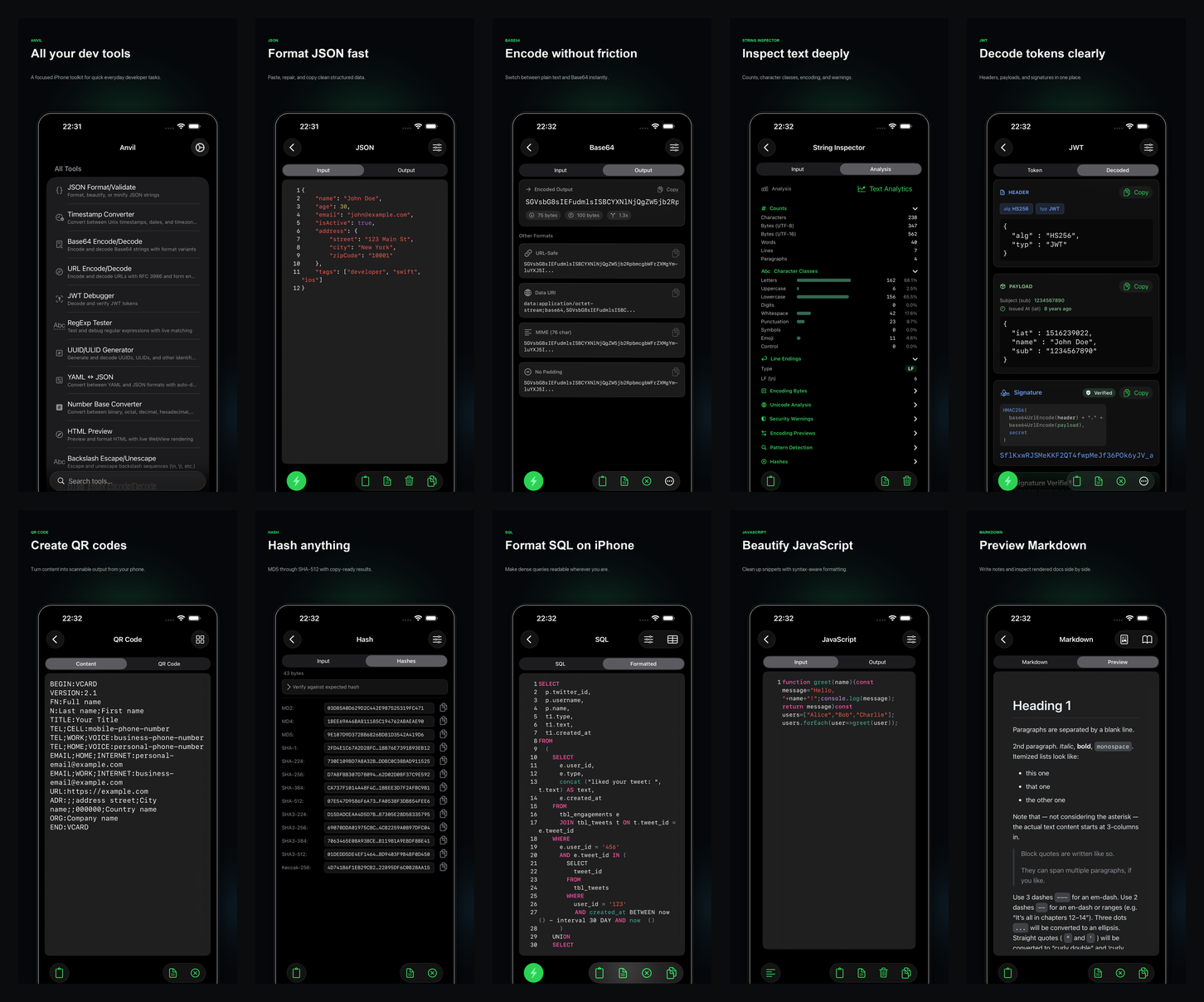 Localized Anvil App Store screenshots showing the toolkit on iPhone