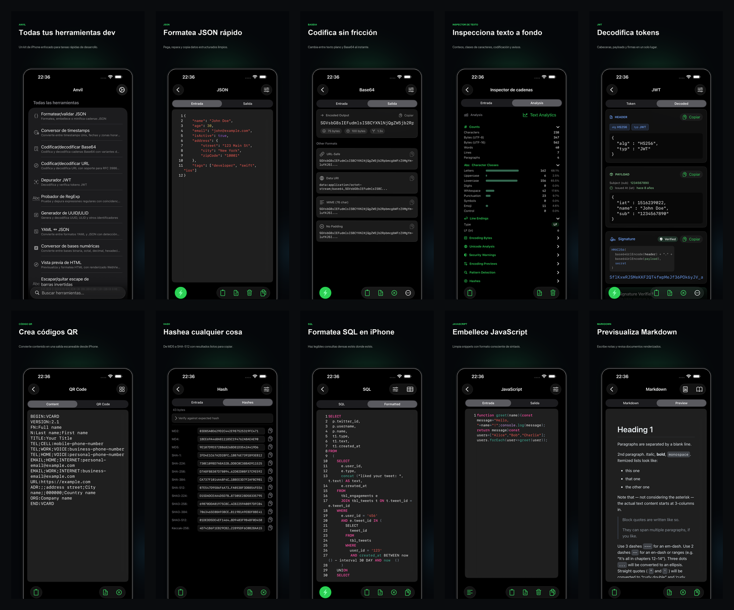 Capturas localizadas de Anvil en App Store mostrando el kit en iPhone