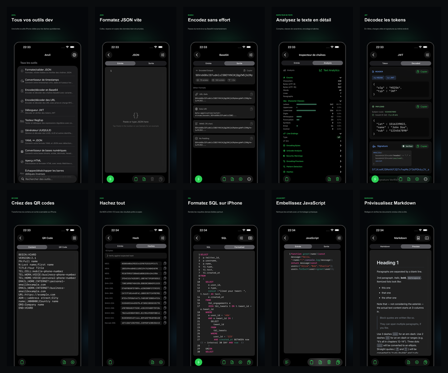 Captures App Store localisées d'Anvil montrant la boîte à outils sur iPhone