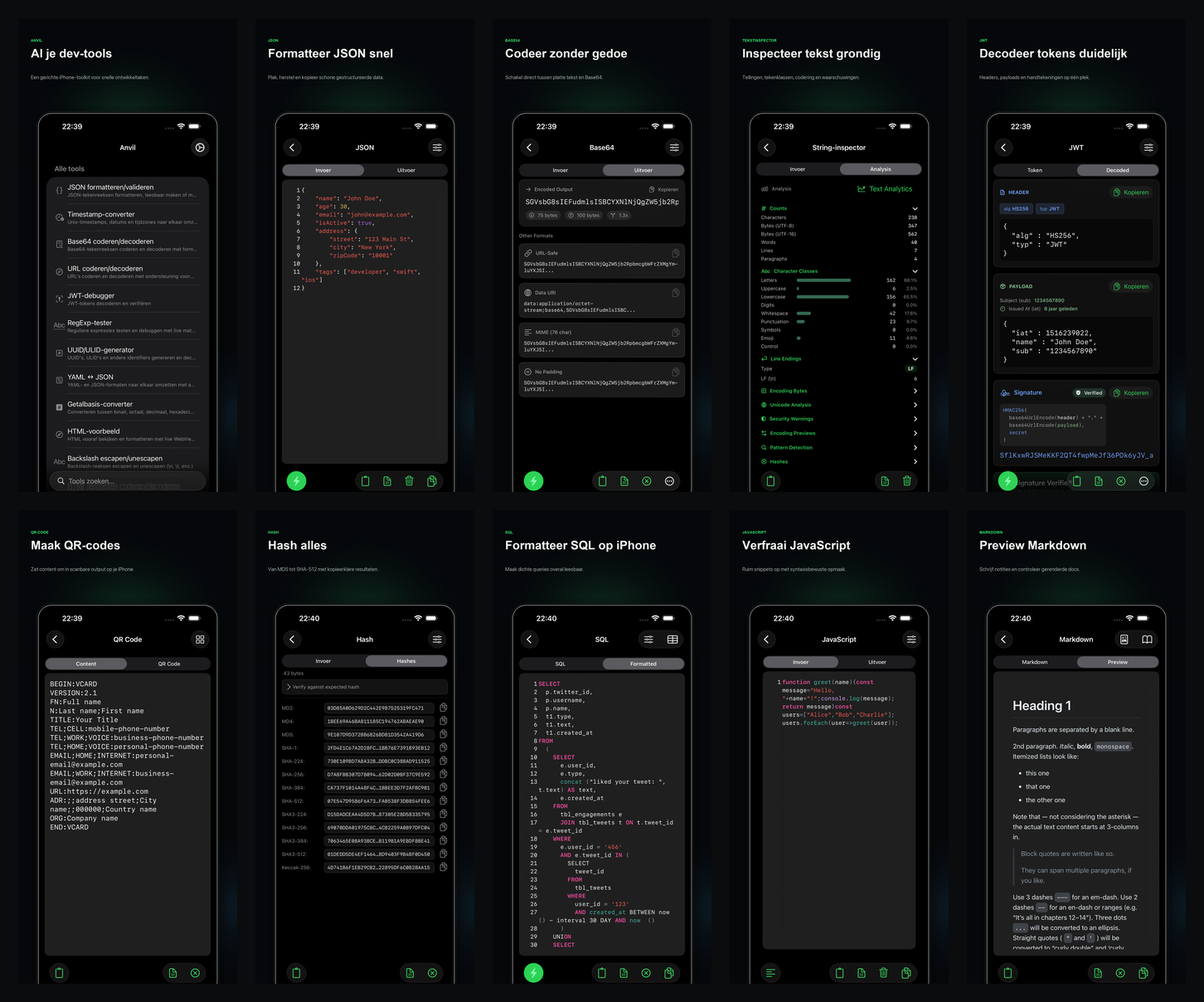 Gelokaliseerde App Store-screenshots van Anvil met de toolkit op iPhone