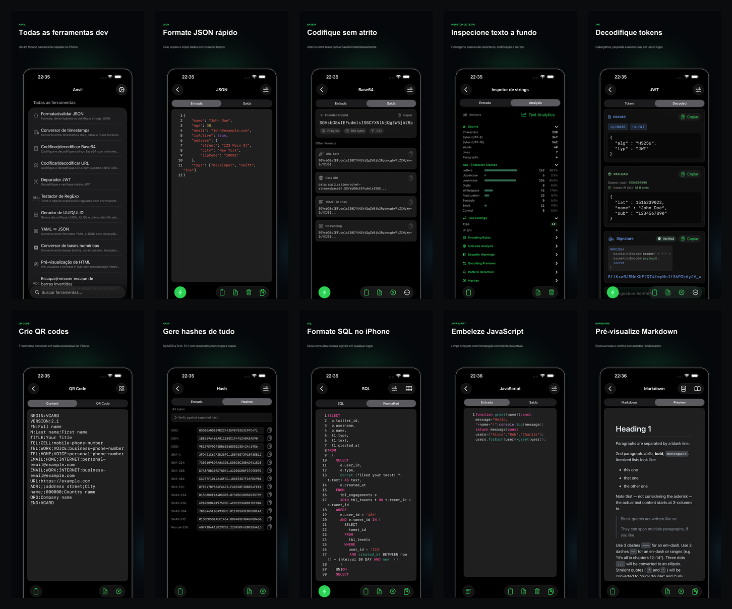 Capturas localizadas da App Store do Anvil mostrando o kit no iPhone